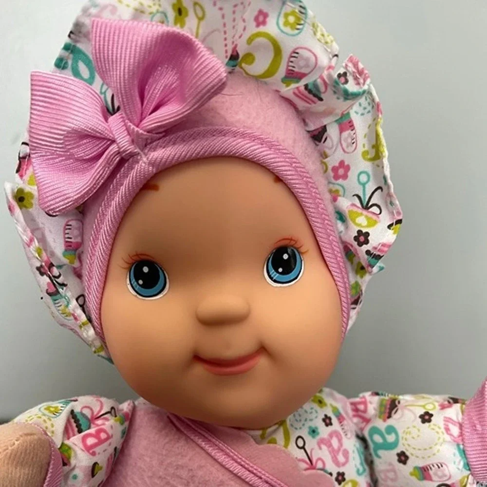 Babys First Soft Plush Baby Doll Pink Flower Outfit Blue Eyes Vinyl Face Toy